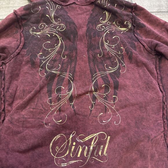 Vintage Y2K Sinful Hoodie Xl Women's Maroon Wings Feathers Gold Metallic - Picture 8 of 10